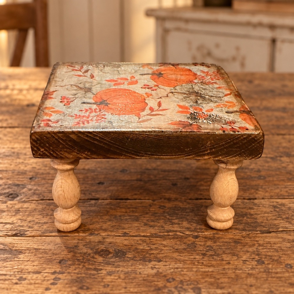 Handmade Wood Mini Riser Pedestal Fall Pumpkin Decoupage Rustic Farmhouse Decor